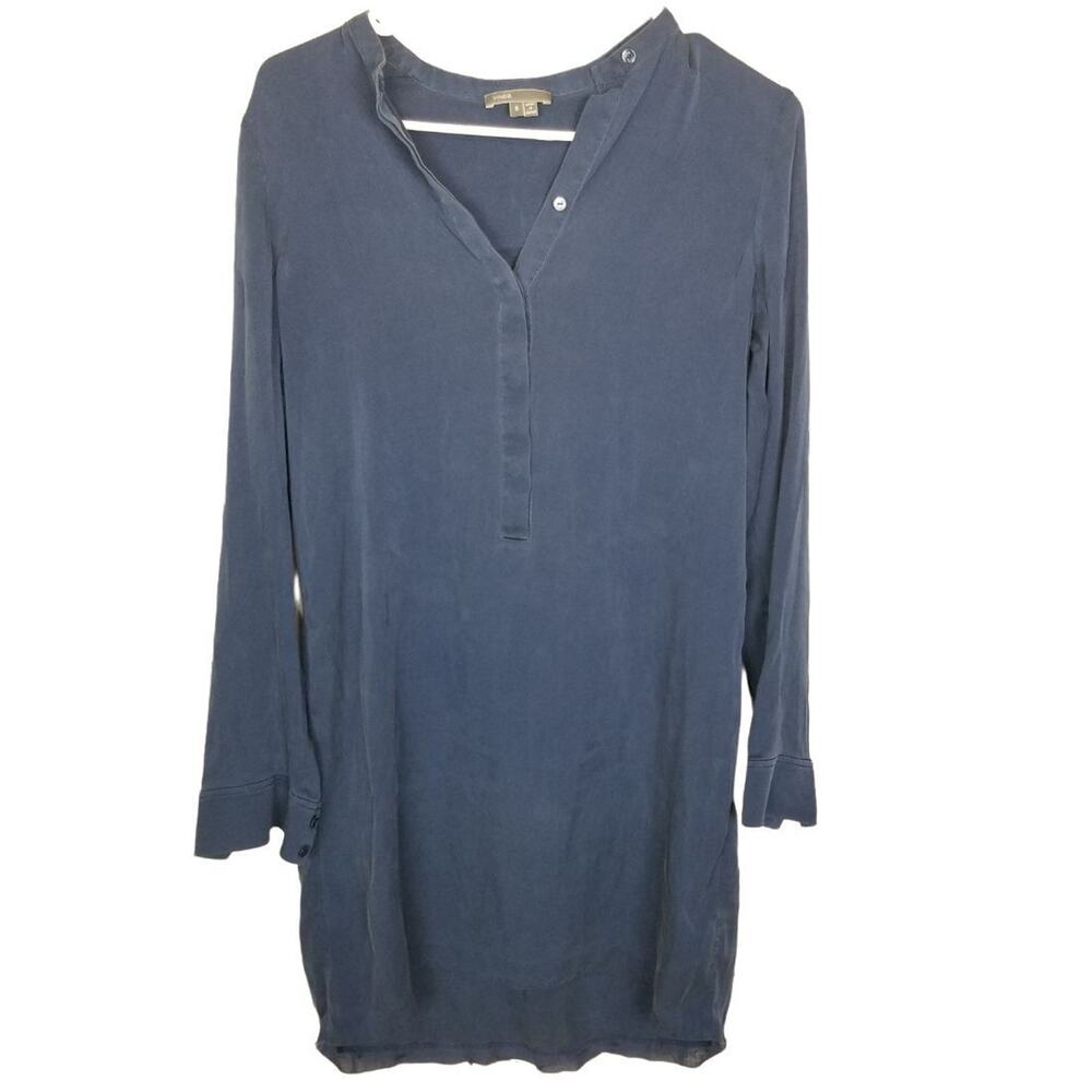 Vince Womens Silk Henley Shirt Dress Size 6 Quiet Luxury Minimalist Stretch Navy
